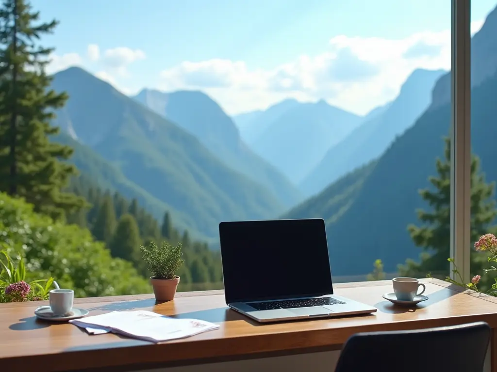 A desk with a laptop overlooking a scenic mountain landscape