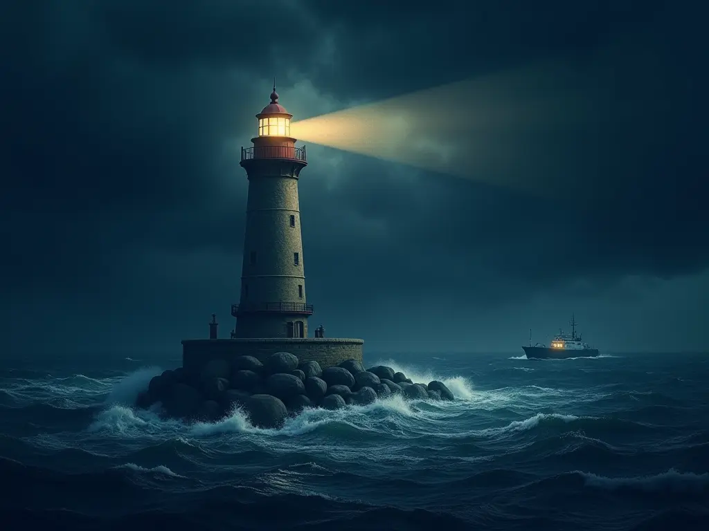 A lighthouse guiding a ship safely through a stormy sea, symbolizing guidance and overcoming challenges in remote work.