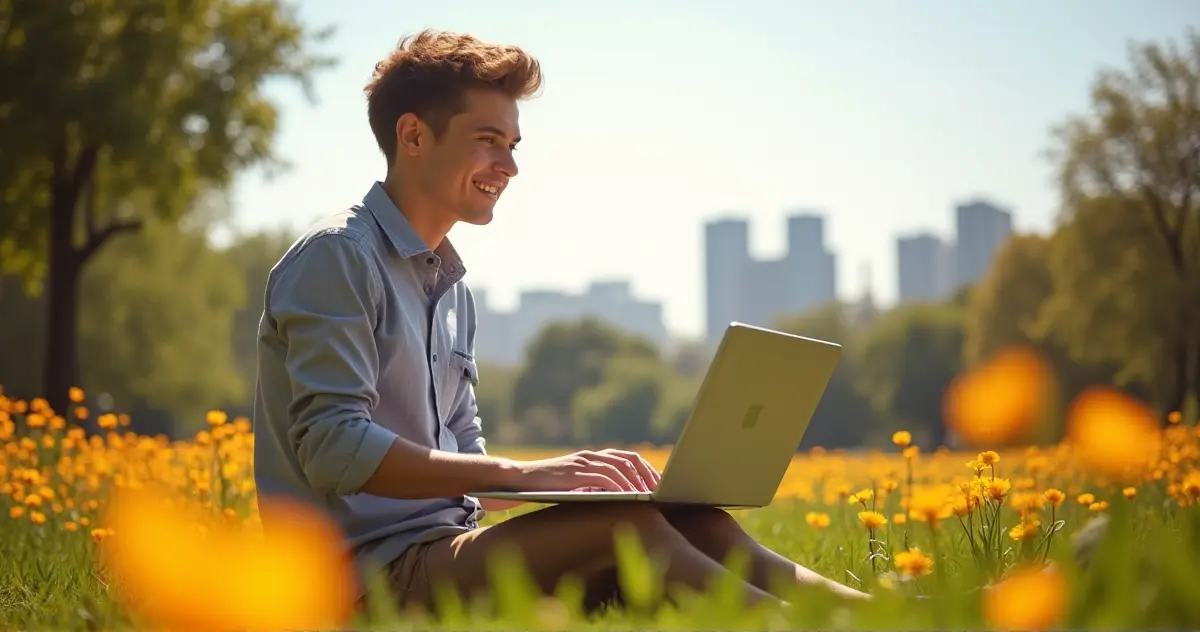 A person working remotely in a natural setting