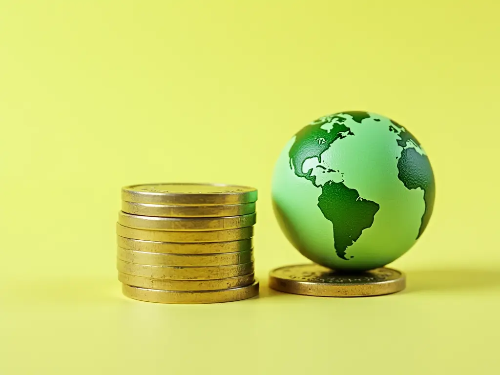 Stack of coins next to a small green globe, symbolizing cost savings and environmental benefits of remote work