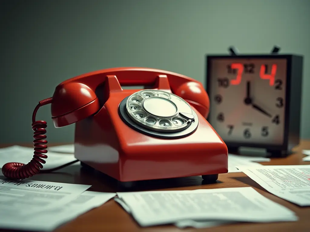 An office phone ringing next to a stack of papers and a digital clock, symbolizing interruptions in a traditional office setting