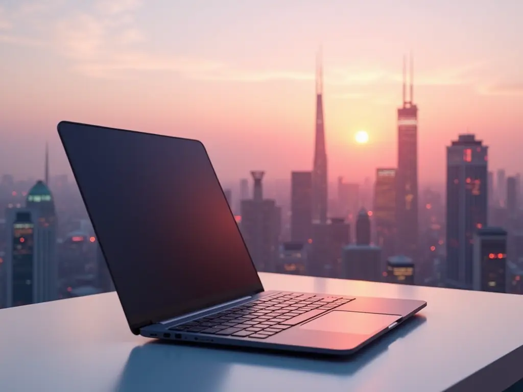 A laptop on a table overlooking a futuristic city skyline at sunrise, symbolizing the future of remote work.