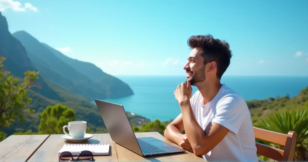 A digital nomad working on a laptop with a scenic view of mountains and ocean, symbolizing the freedom of working remotely abroad.