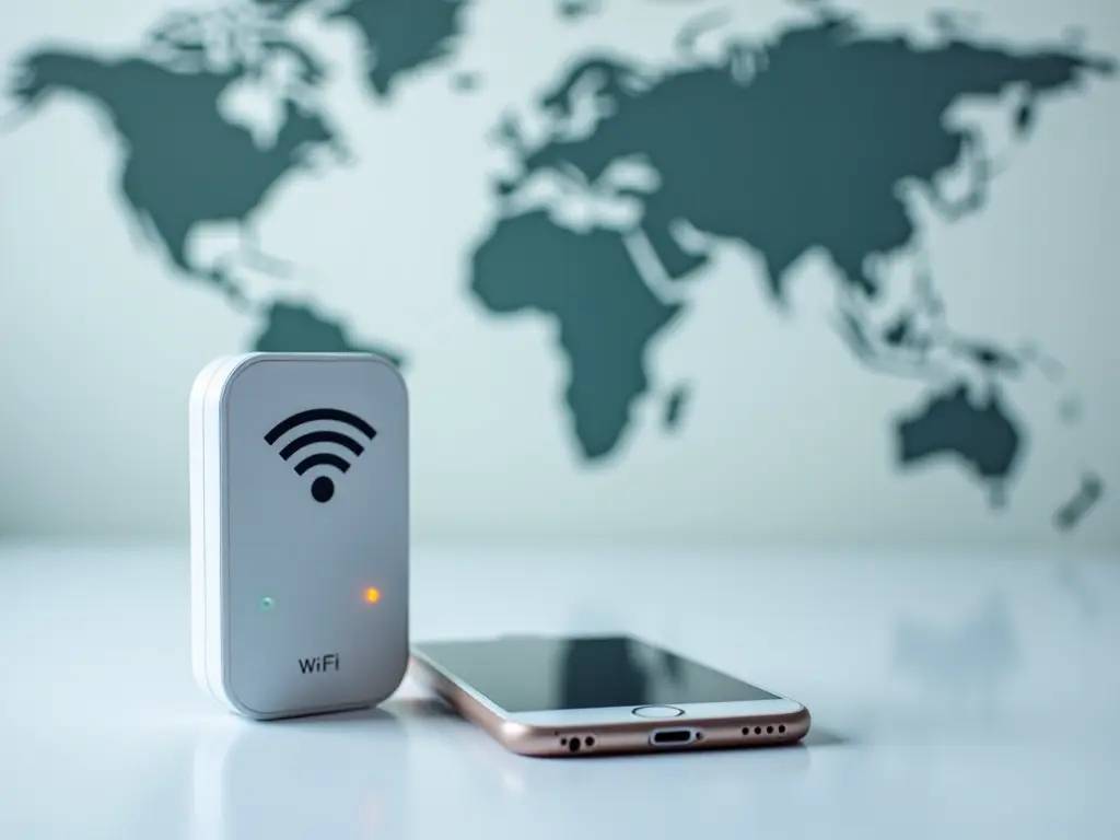 A portable Wi-Fi hotspot device and a smartphone on a table with a world map background.