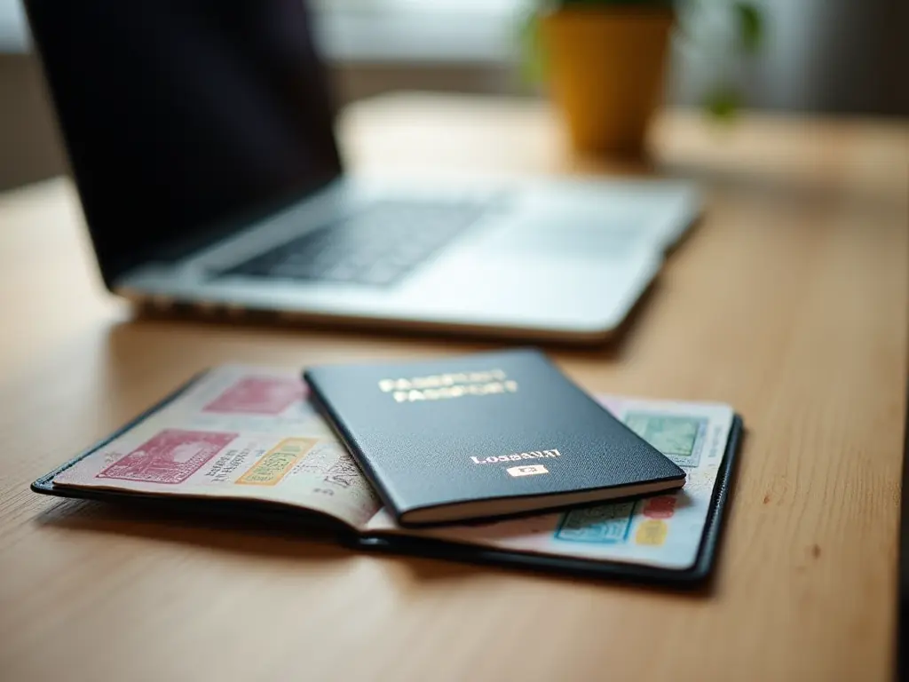 A passport with visa stamps and a small open laptop on a wooden desk, symbolizing remote work abroad.