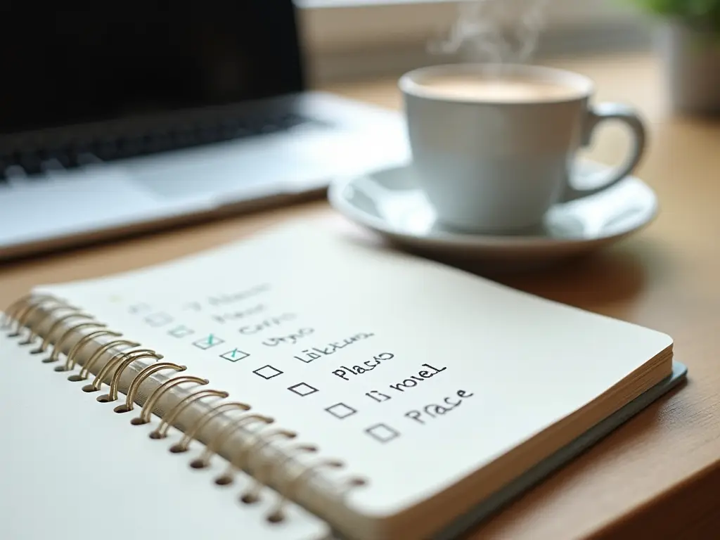 A notebook with a structured to-do list next to a steaming coffee cup and a laptop.