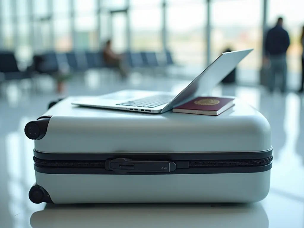 A minimalist suitcase with a laptop and passport on top, symbolizing working remotely while traveling.