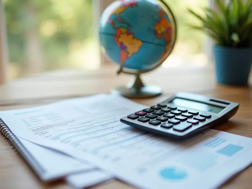 A calculator and tax documents on a desk with a small globe, symbolizing global tax considerations.