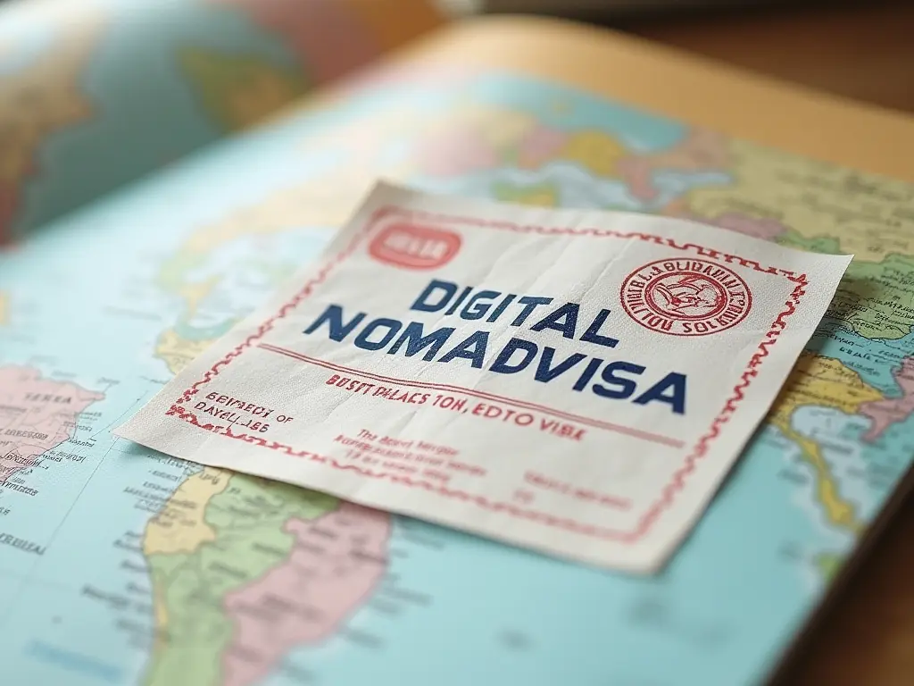 A digital nomad visa with a travel stamp placed on a map of the world.