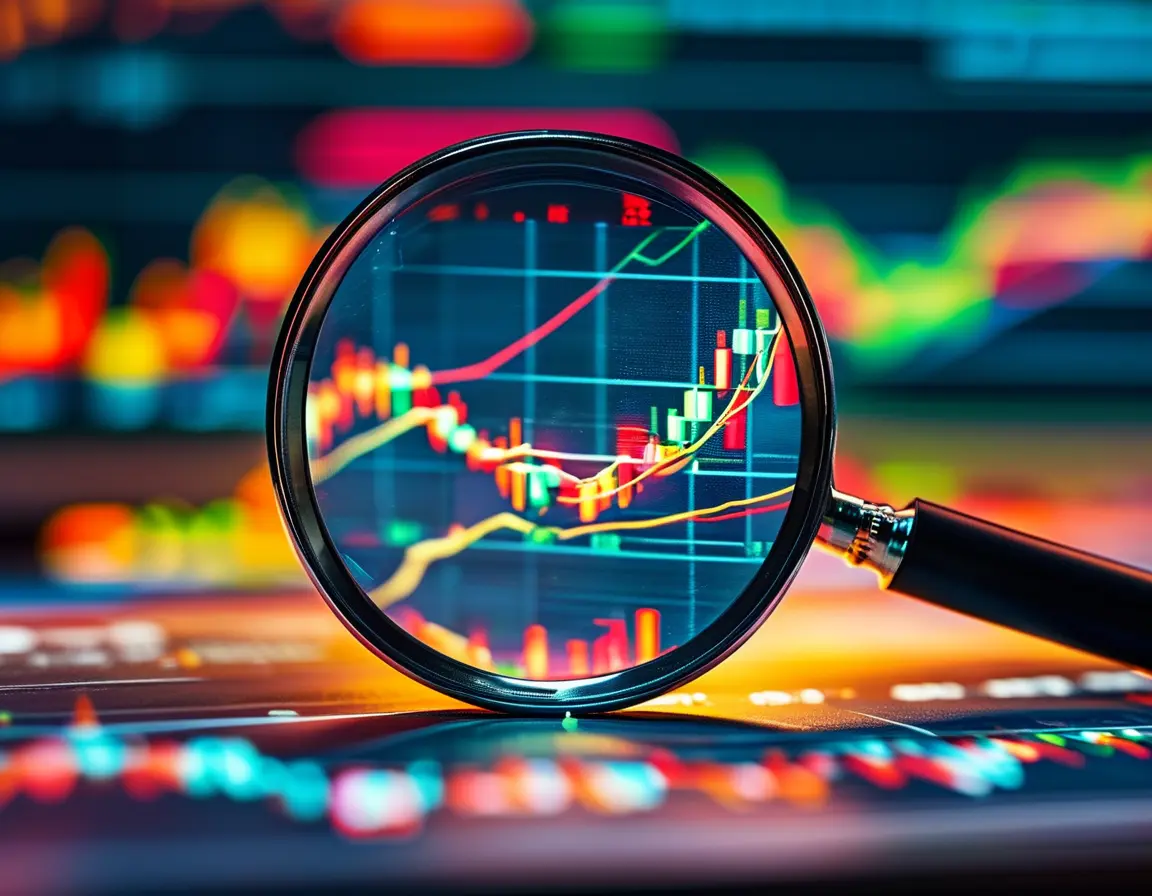 A magnifying glass highlighting intricate details on a trading chart with vibrant colors and sharp contrasts.