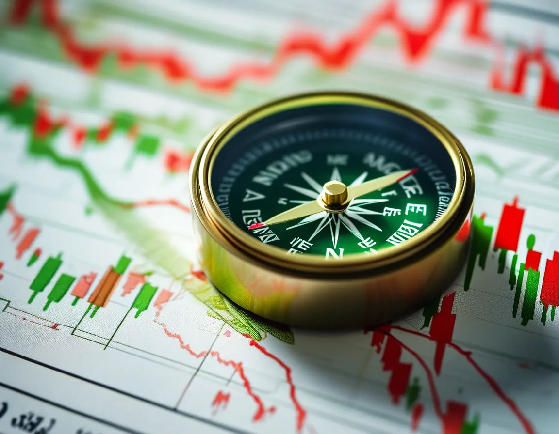 A compass placed on top of a financial chart, symbolizing direction and precision in trading.