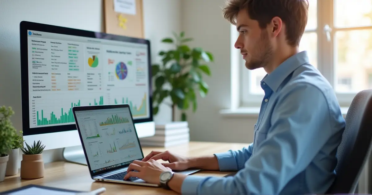 A trader analyzing market data with confidence, surrounded by trading tools and dynamic market visuals.