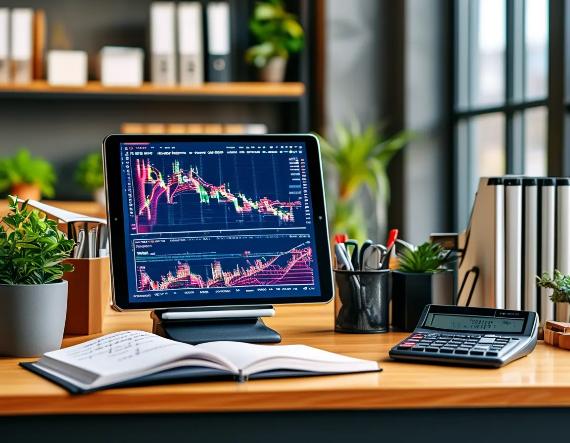 A set of trading tools including a calculator, a notebook, and a digital tablet displaying market charts.