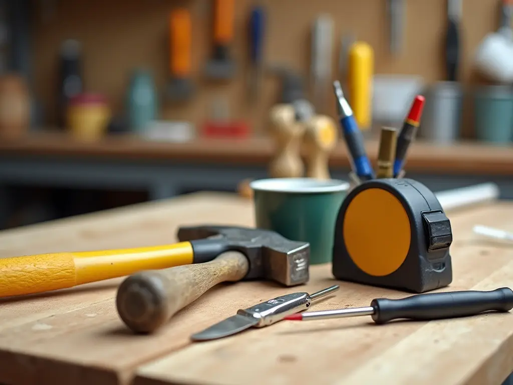 Essential DIY home improvement tools arranged on a workbench