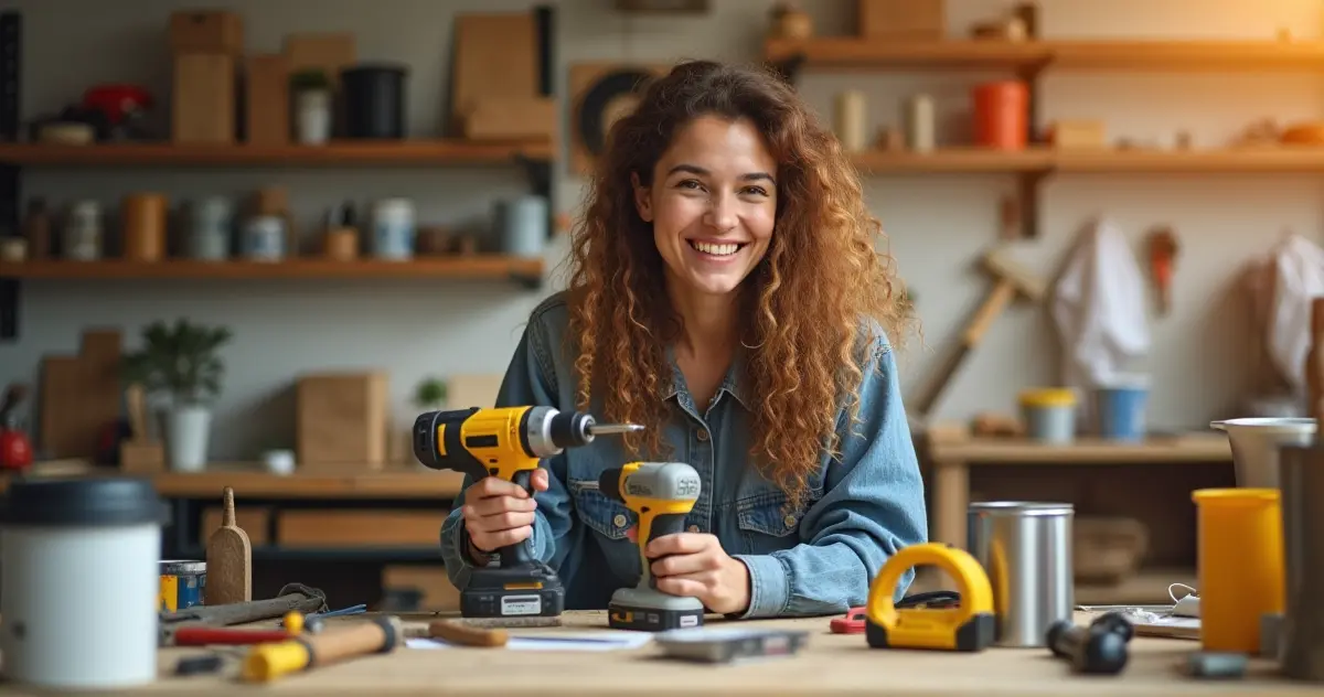 Dynamic and engaging image of a person working on a home improvement project surrounded by essential tools and vibrant surroundings