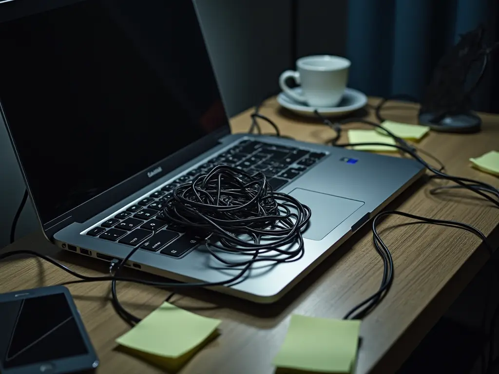 A workspace with a laptop and a tangled set of wires symbolizing remote work challenges