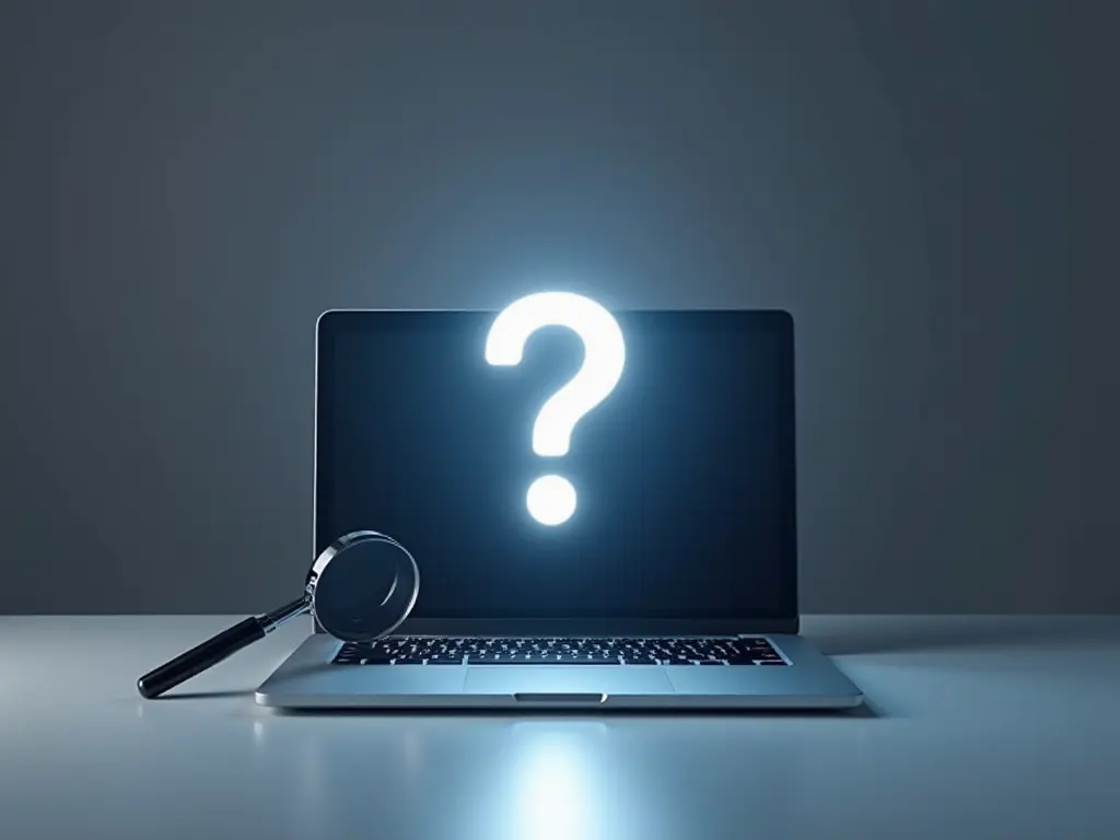 A magnifying glass hovering over a laptop screen displaying a question mark