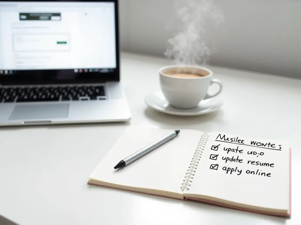 An open laptop displaying a job search page surrounded by a checklist and a cup of coffee