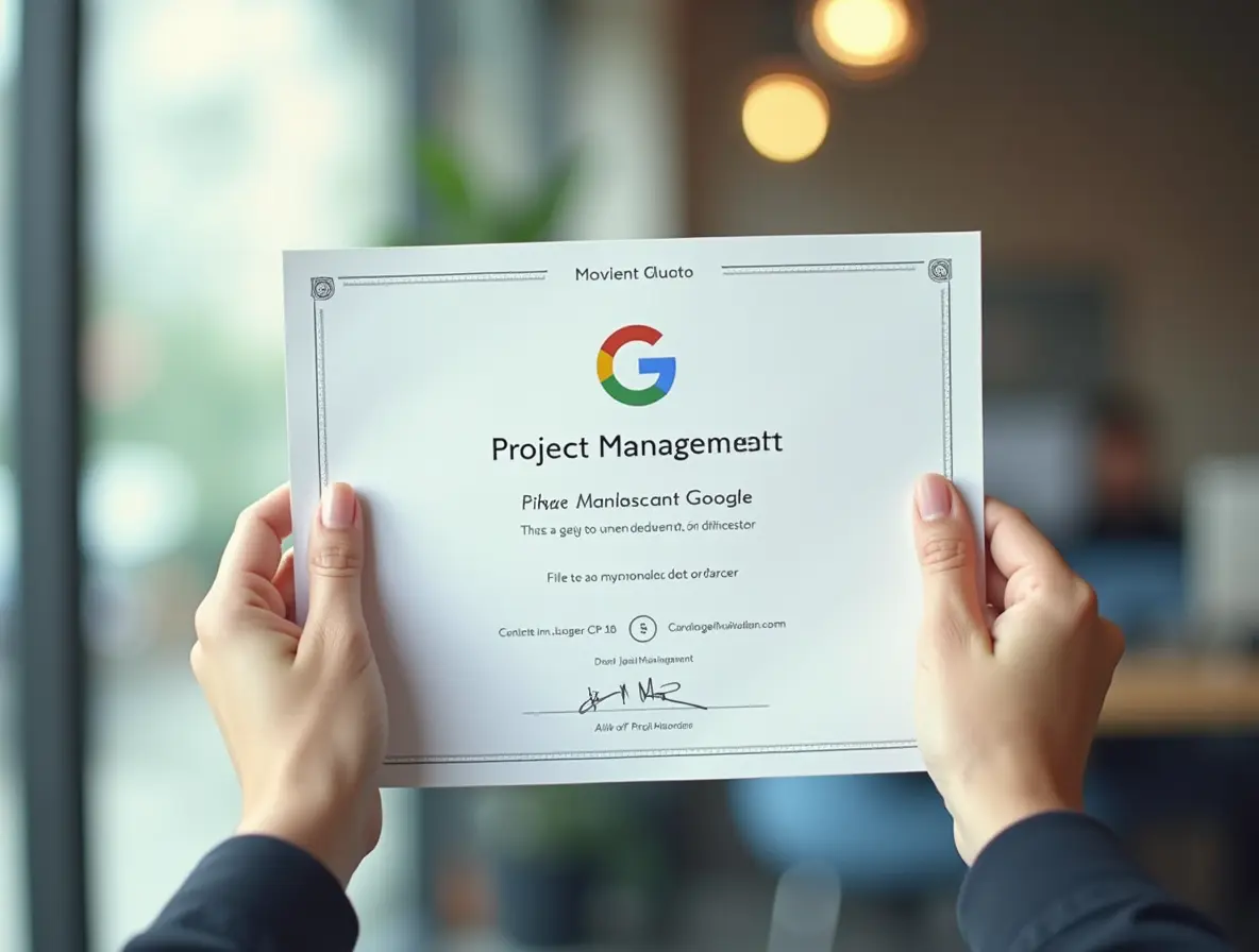 A close-up of a certification document with the words 'Google Project Management Certificate' clearly visible, symbolizing the value of certification in career advancement.