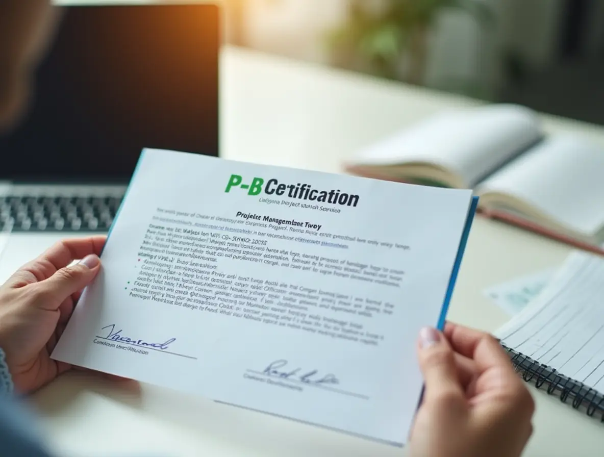 A close-up of a hand holding a professional certification, with a laptop and a notebook in the background, symbolizing the first steps to starting a career in project management.