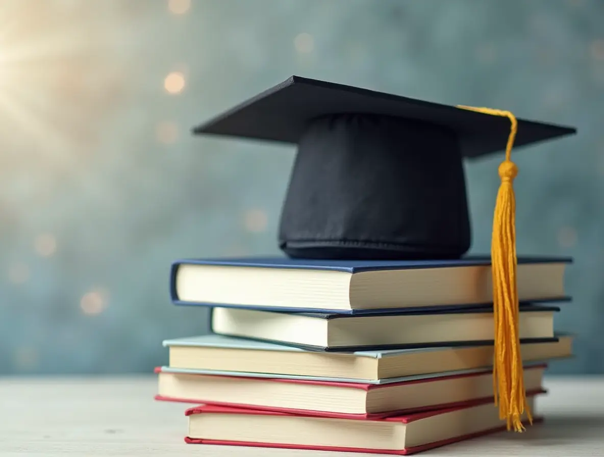 A stack of books and a graduation cap placed on top, symbolizing the value and investment in a Master’s degree in Project Management.