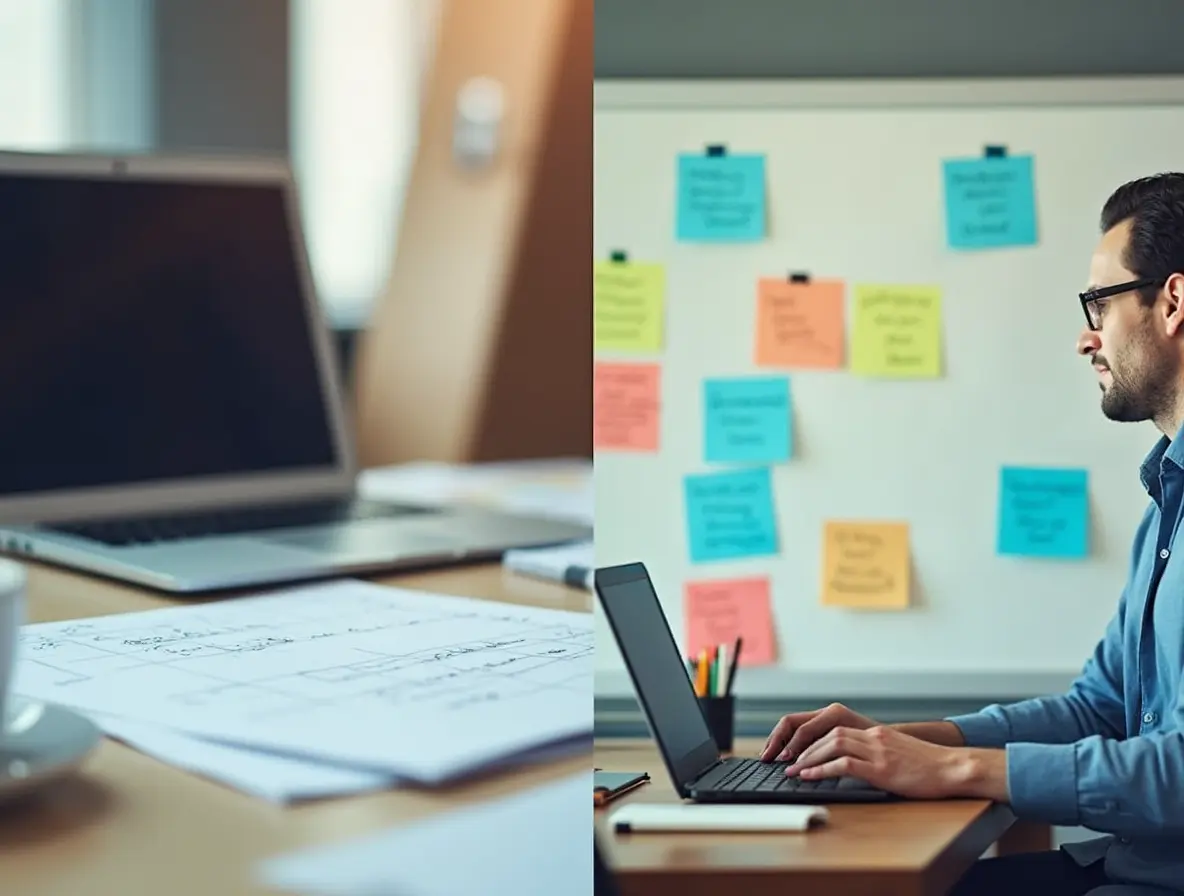 A split image showing a project manager’s desk with a laptop and paperwork on one side, and a scrum master’s desk with a whiteboard and sticky notes on the other, symbolizing the difference in roles.