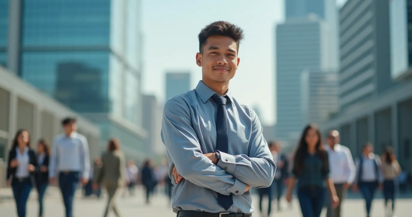 Image of a focused, determined person navigating the path to project management without a degree, with a background of a bustling cityscape symbolizing opportunity and growth.