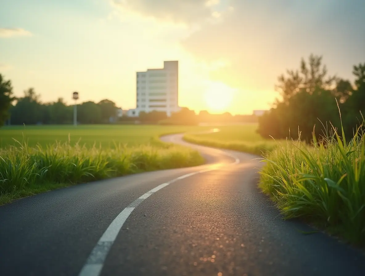 A roadmap symbolizing the journey to becoming a project manager without a degree, with a clear path leading towards a modern office building.