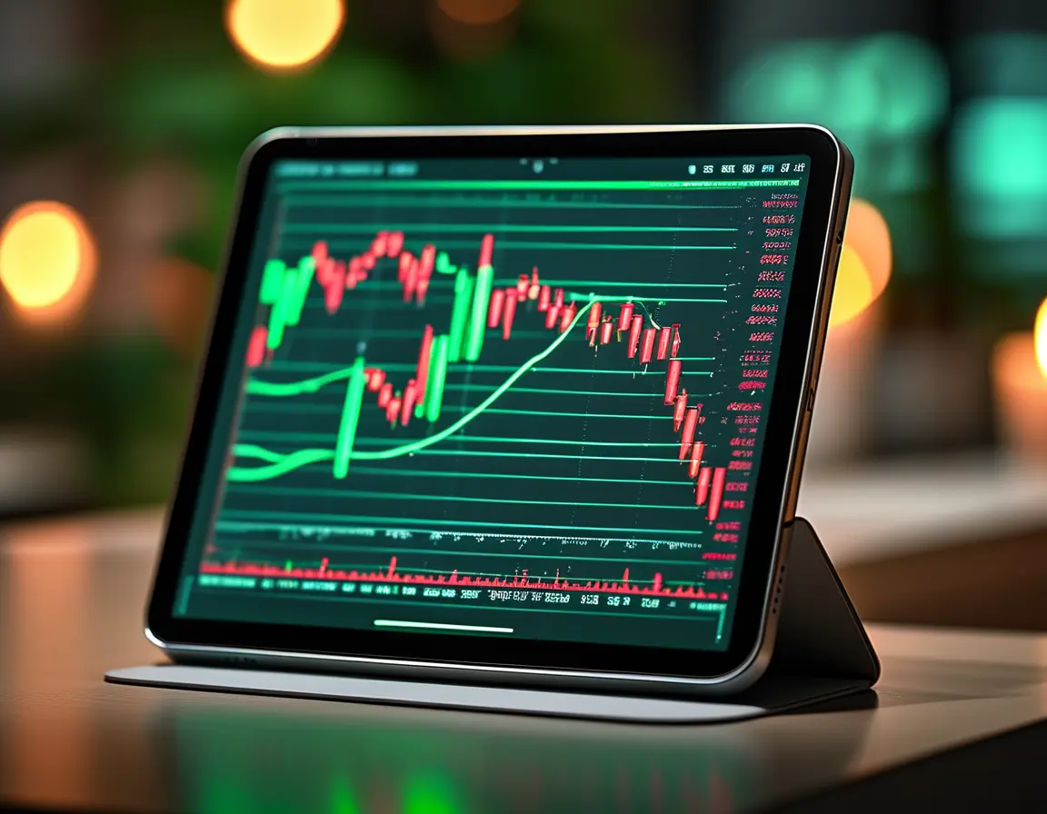 A close-up of a glowing candlestick chart on a sleek tablet screen, symbolizing forex trading profitability.