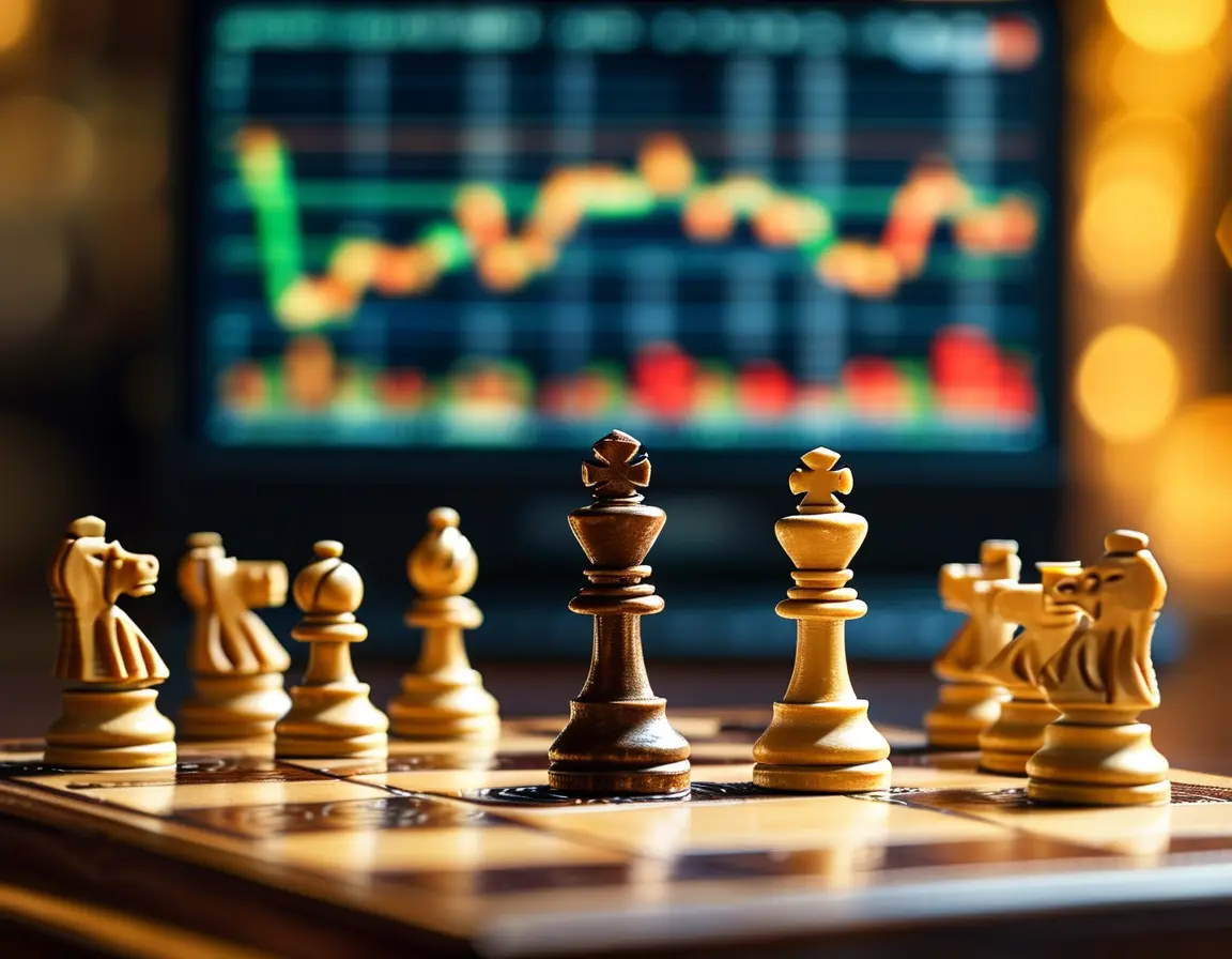 A chessboard with financial charts in the background, symbolizing strategic forex trading.