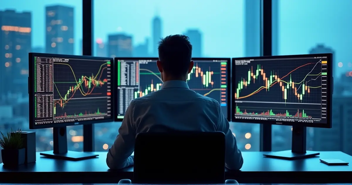 A trader thoughtfully analyzing market trends with a dynamic digital screen displaying forex charts and algorithms in the background.