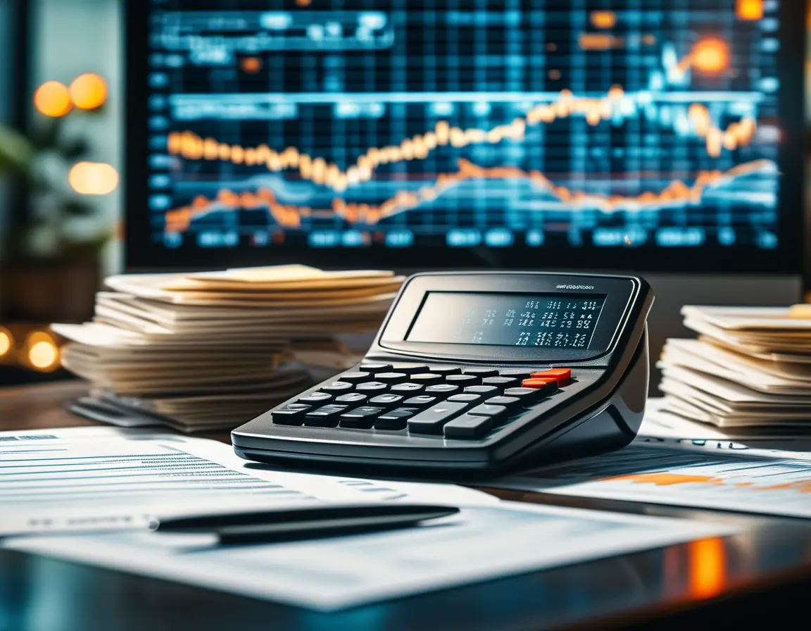 A detailed calculator and a stack of financial data sheets symbolizing quantitative trading methods.