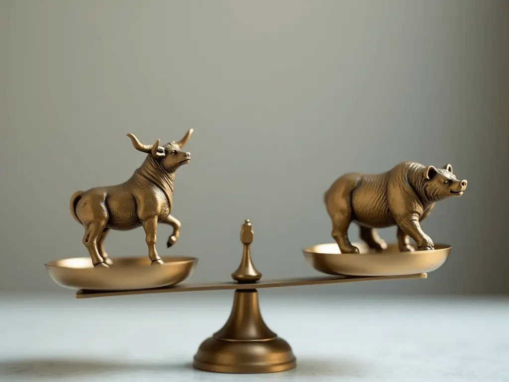 Image of a balanced set of scales with a bull and bear, symbolizing the balance needed for a consistent trading mindset.