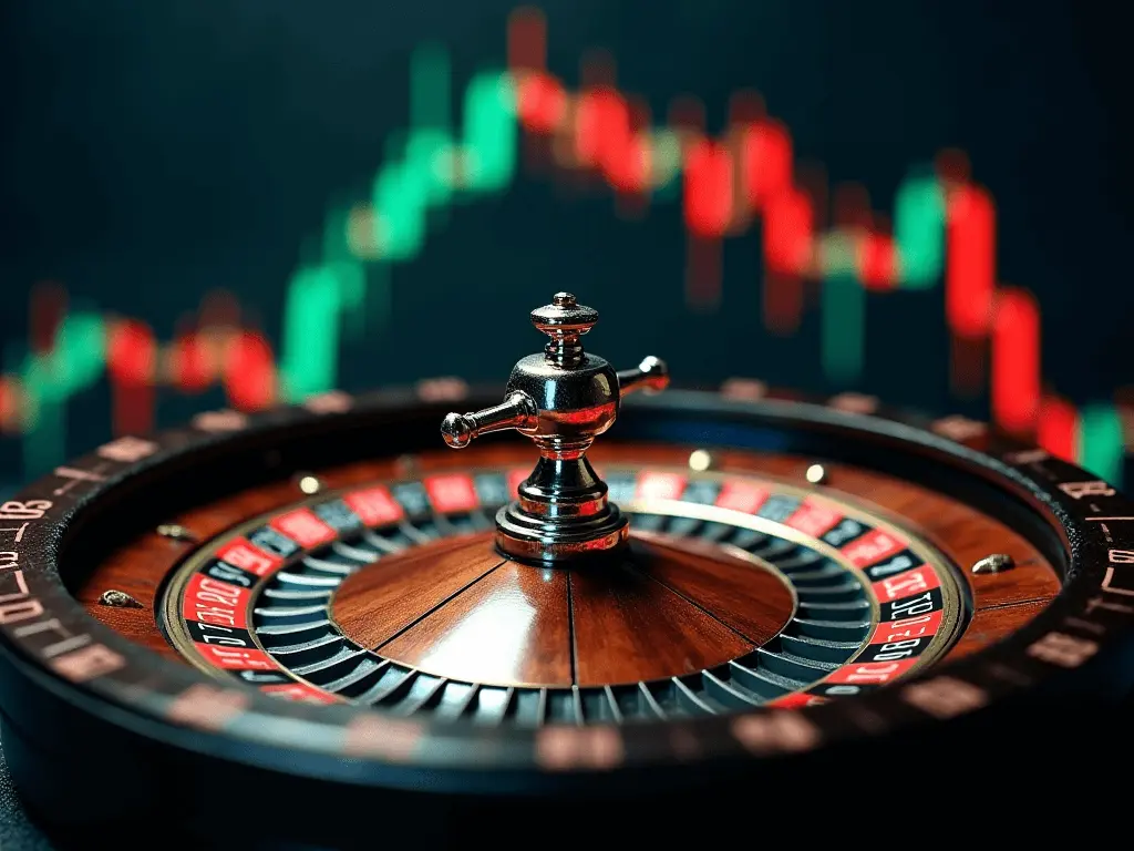 Image of a roulette wheel with various trading symbols and currency icons, representing trading probabilities.