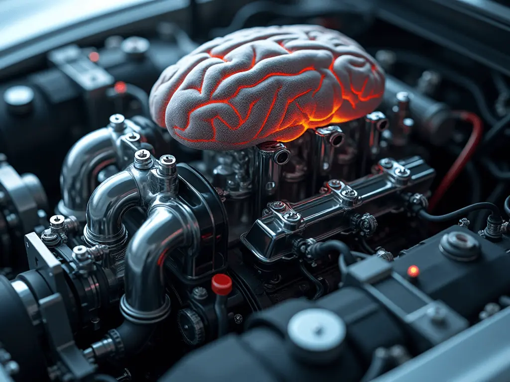 Metaphorical image of a high-performance car engine and a human brain, representing the intersection of advanced trading systems and trader mindset.