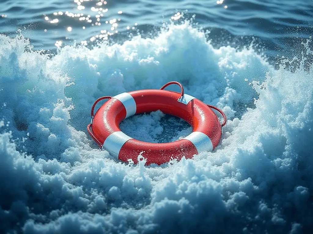 Vibrant life preserver ring floating amidst turbulent ocean waves, symbolizing embracing and managing trading risks.