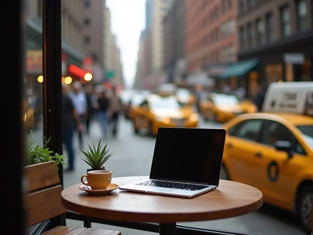 A cozy cafe table with a laptop and coffee cup, overlooking NYC streets.