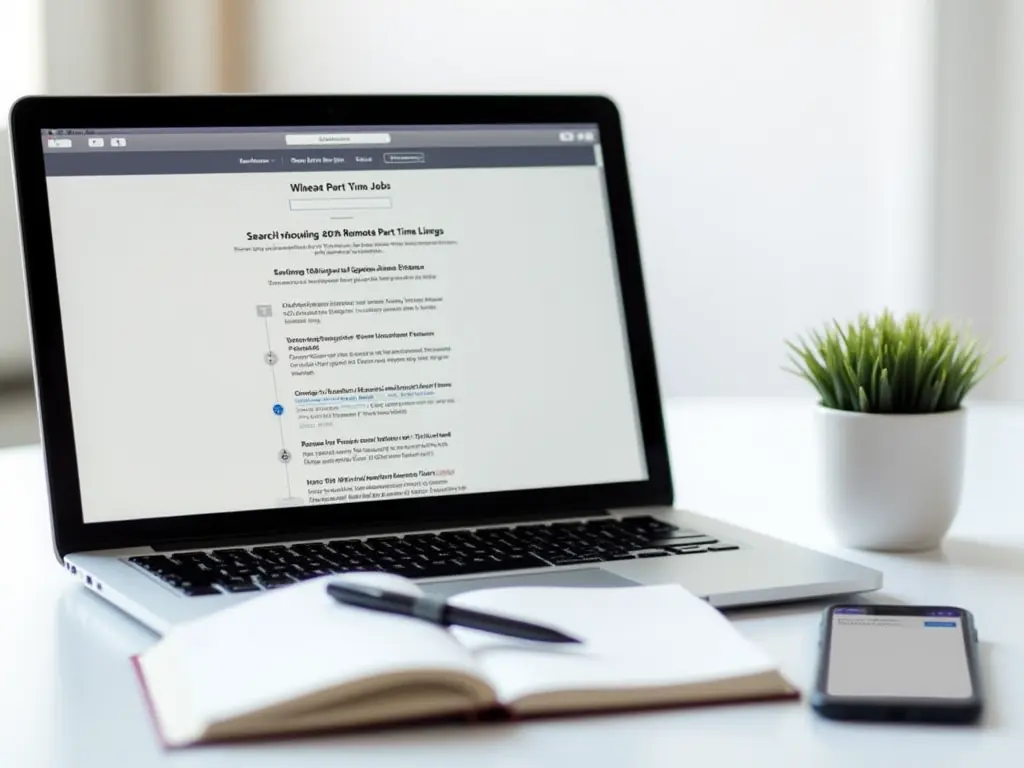 A job search page open on a laptop surrounded by a notebook and phone.