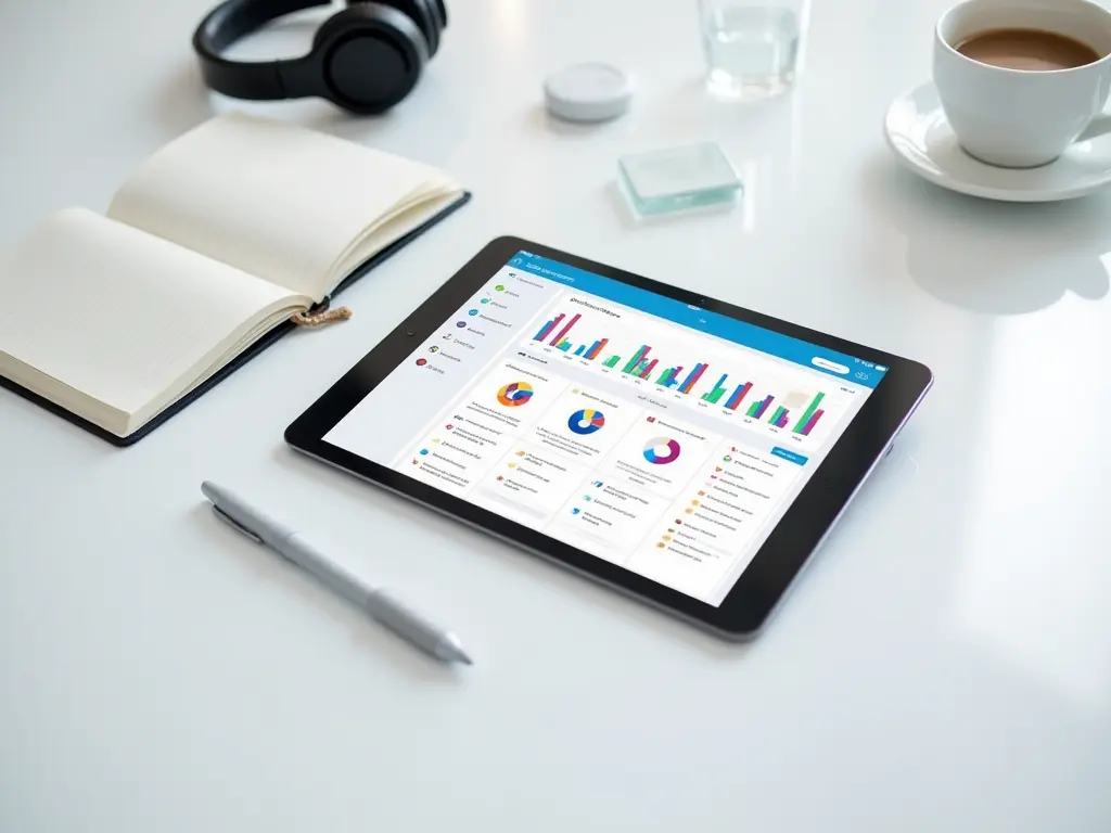 A tablet displaying project management software, surrounded by notepads and headphones.