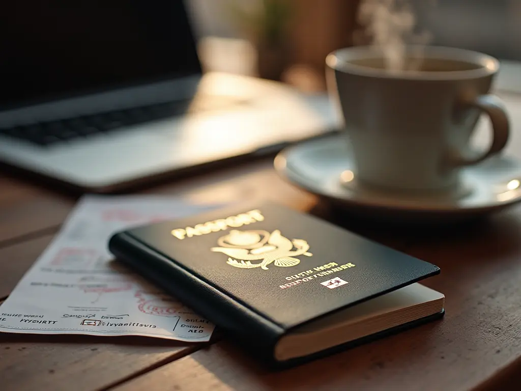 A passport, laptop, and coffee cup on a wooden desk, symbolizing remote work abroad.