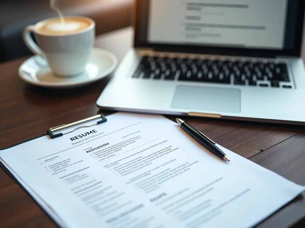 A resume document on a desk next to a laptop and coffee cup.