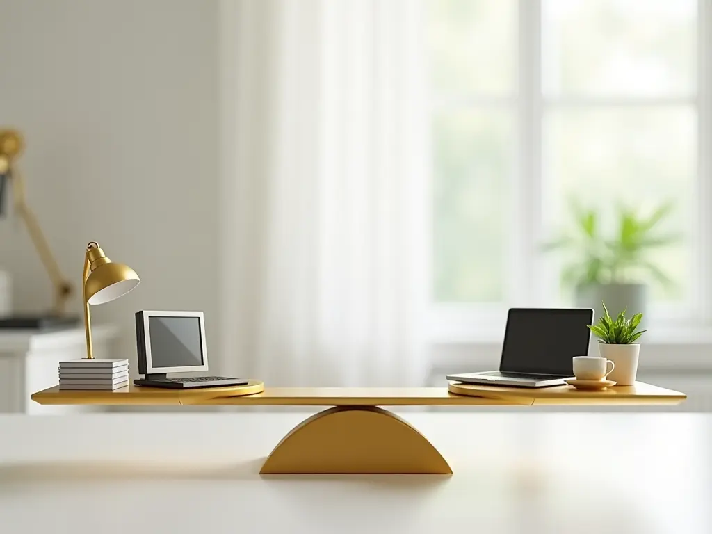 A balancing scale with a modern office on one side and a home office on the other