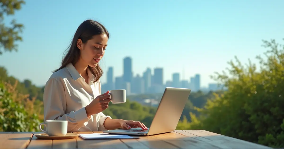 A modern professional working remotely in a serene outdoor setting