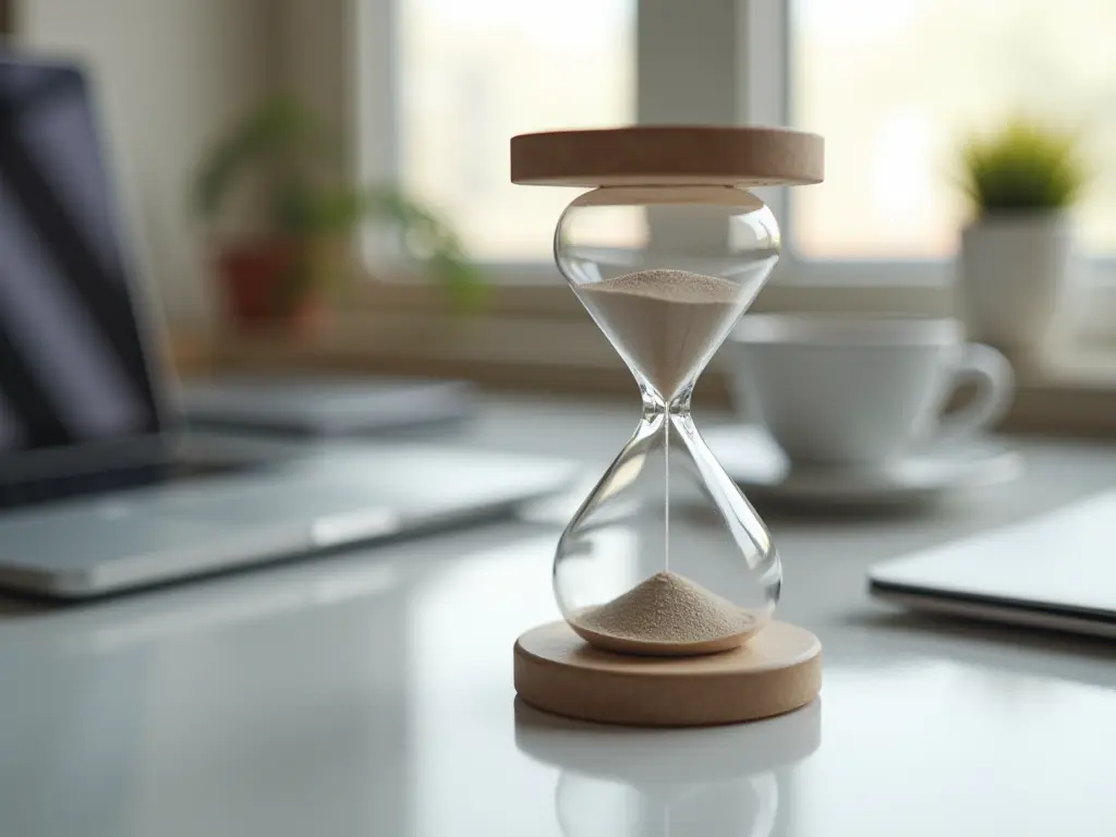 An hourglass placed on a tidy desk symbolizing productivity in remote work