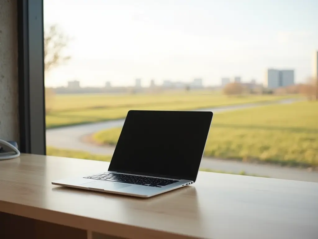 A sleek laptop placed on a clean desk with a view of a city skyline and open fields