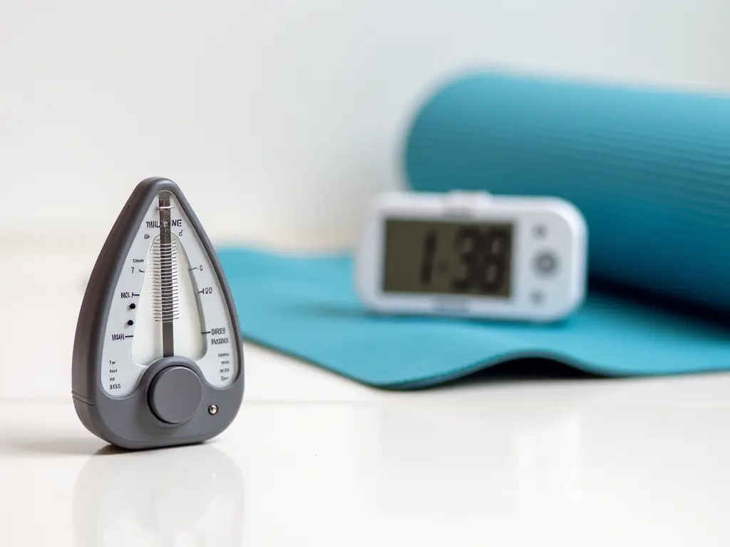 An array of practice tools such as a metronome, a yoga mat, and a digital timer, symbolizing effective techniques for deep practice.