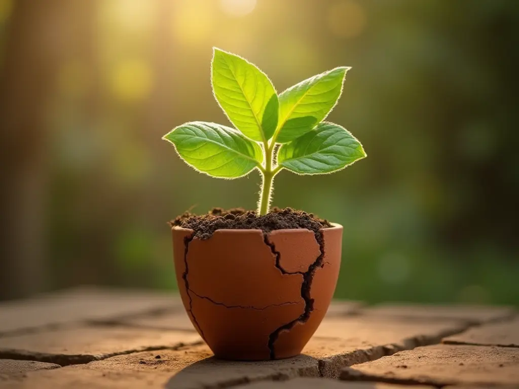 A colorful plant growing out of a cracked pot, symbolizing growth through embracing mistakes.