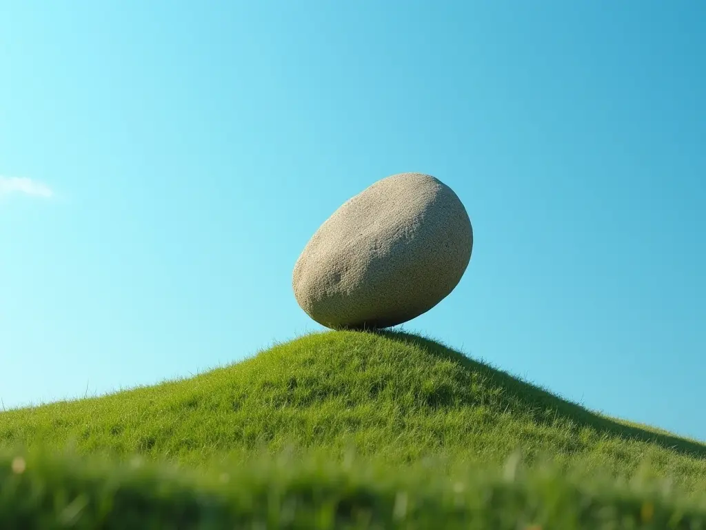 A vibrant illustration of a balancing rock on a steep hill, symbolizing the sweet spot of learning between challenge and comfort.