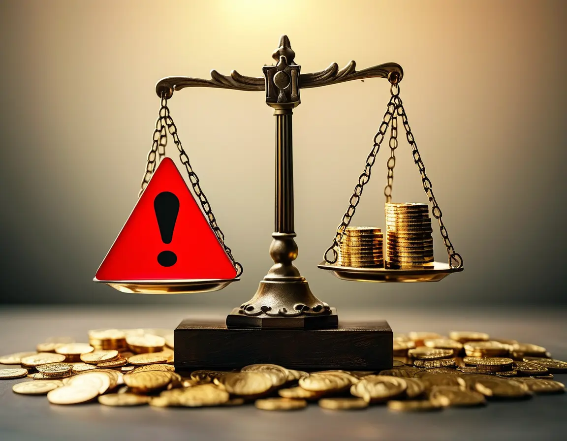 A balanced scale with gold coins on one side and a risk symbol on the other.