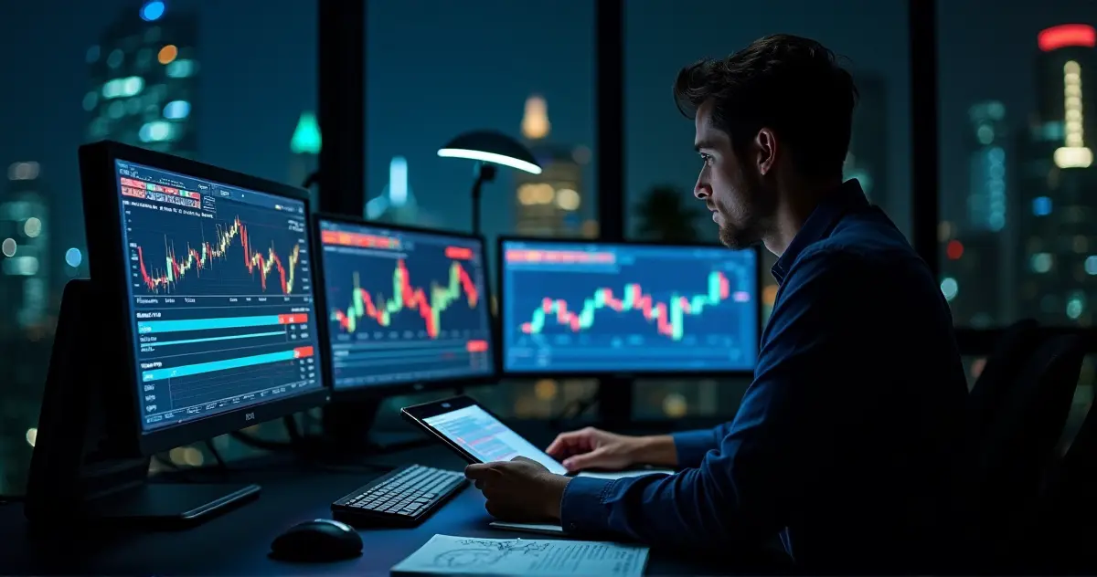 A trader analyzing financial markets on a sleek laptop in a modern, well-lit workspace.